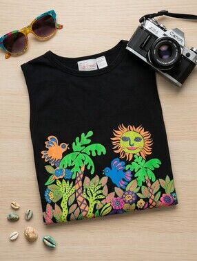 Vintage Neon Black Tropical Sun & Birds Graphic Tank Top/ Dress/ Cover Up